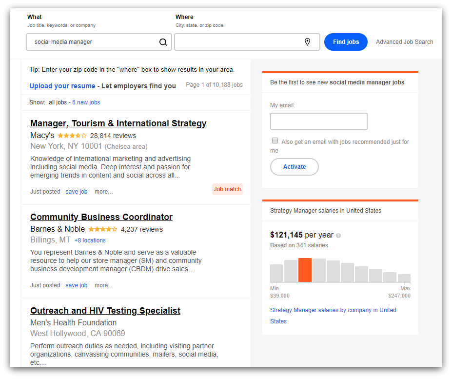 screenshot of social media manager open jobs on indeed