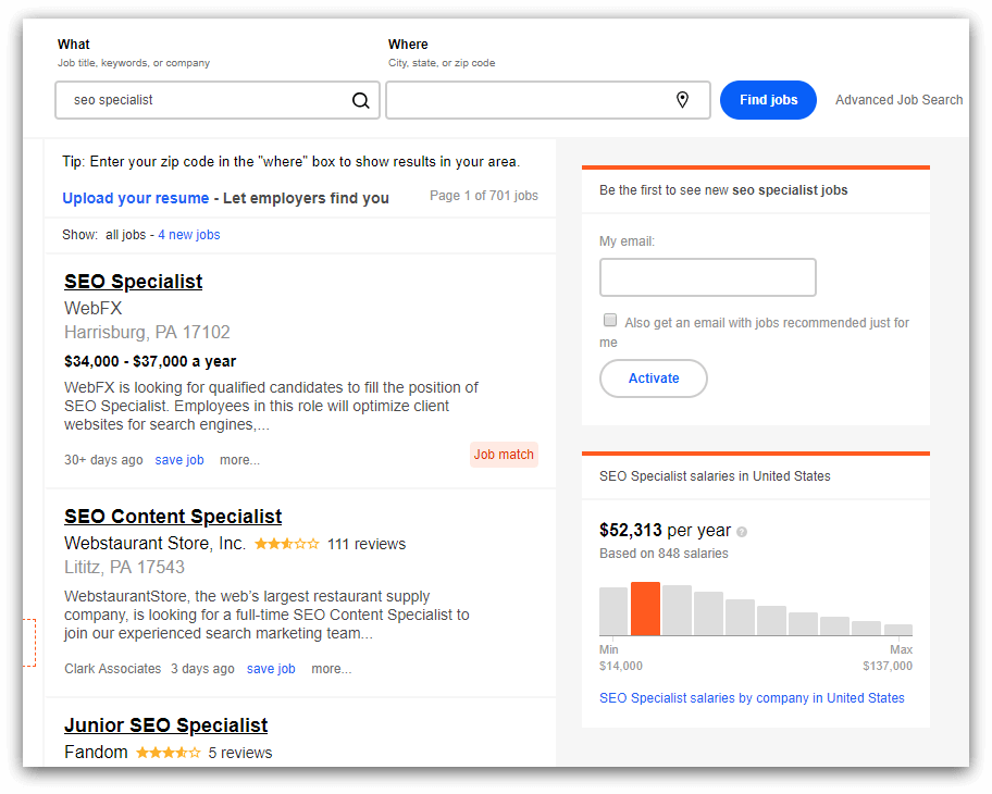 entry level seo specialist jobs on indeed screenshot
