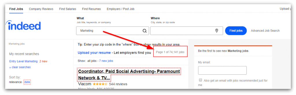 screenshot of marketing jobs on indeed
