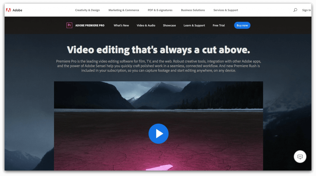 screenshot of adobe premiere pro's homepage