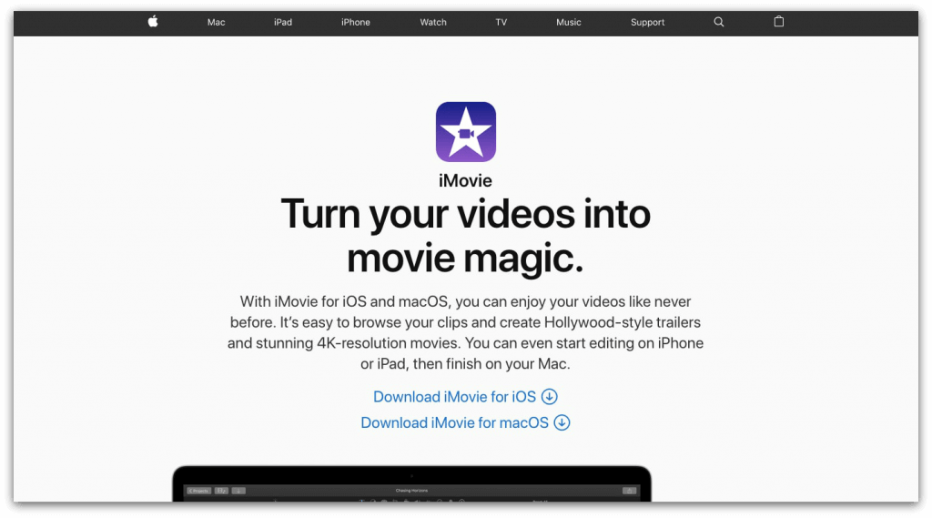 screenshot of imovie's homepage