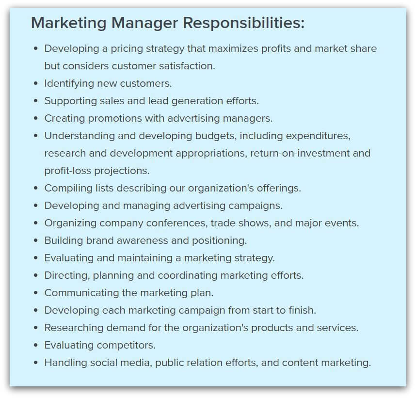 marketing manager requirements