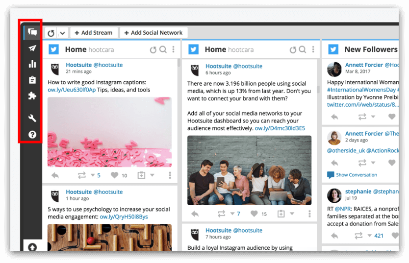 Sidebar on Hootsuite's dashboard