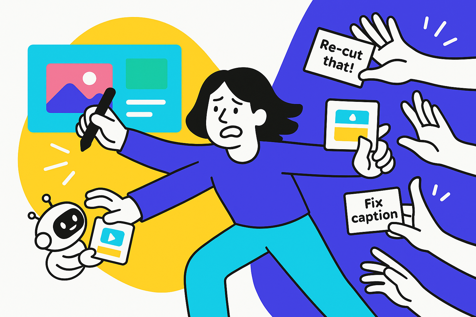 A senior designer is being pulled in two directions—on one side, they’re joyfully working on a vibrant campaign canvas (big ideas, motion graphics, storyboards); on the other side, a chaotic crowd of floating hands waves around tiny task cards: